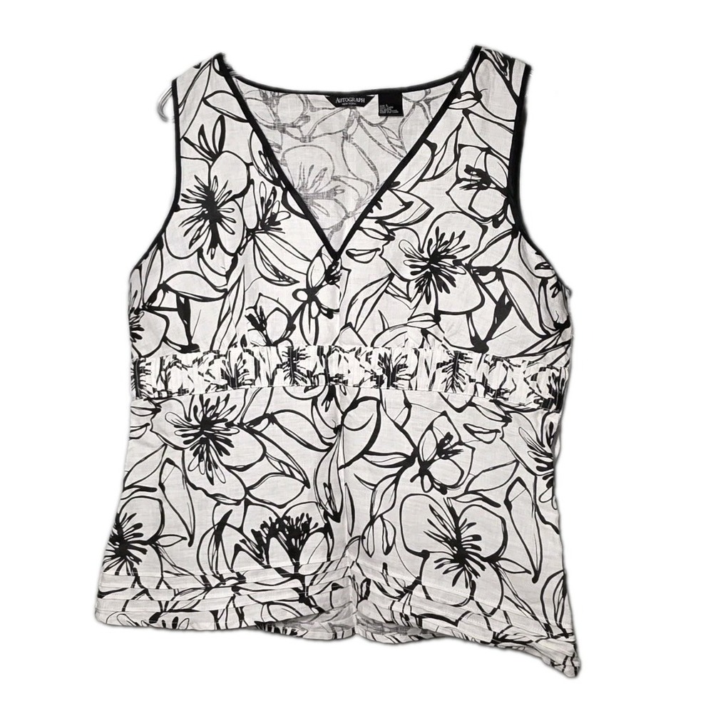 Autograph New York Womens Size Large Sleeveless Linen Top Black And White Floral
